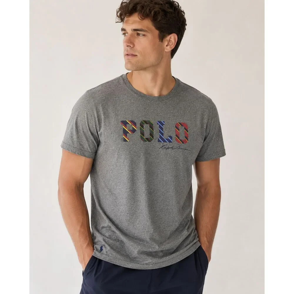Polo Ralph Lauren Striped Logo Graphic Print T-Shirt Heather Gray Men's XXL